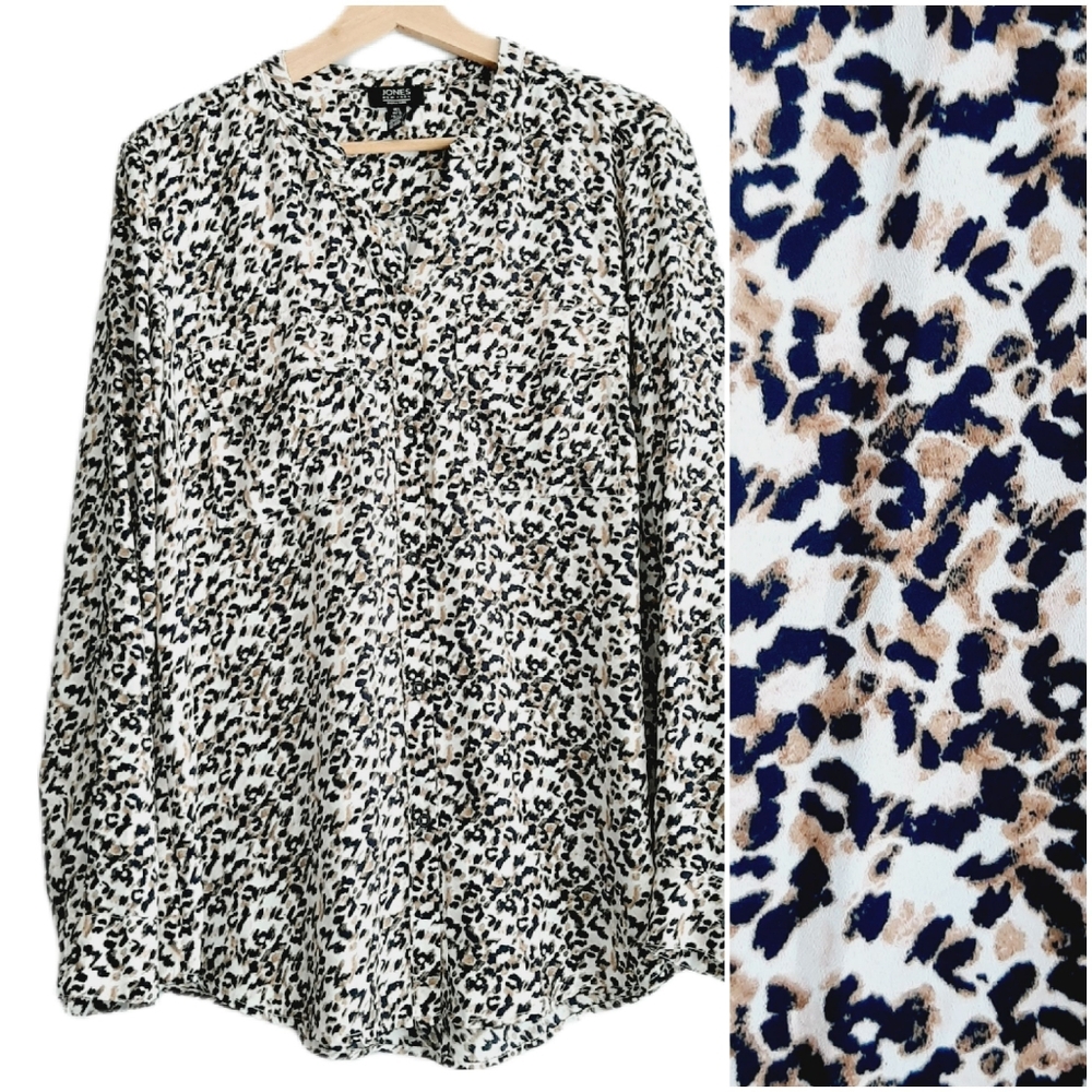🍒 JONES New York Utility Sleeve Button Down Shirt Cheetah Pattern Sz L